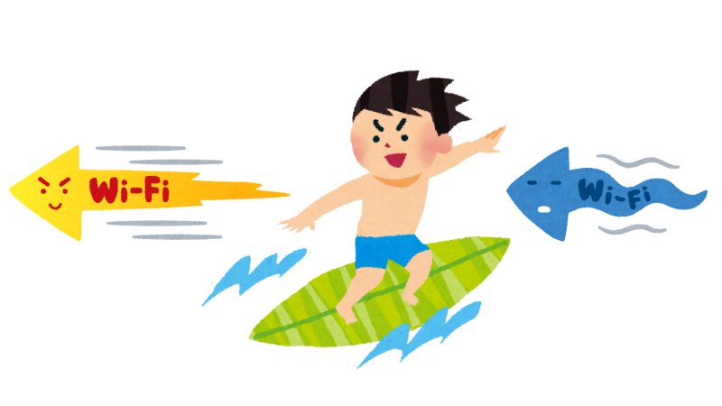 遅いWi-Fiから速いWi-Fiへ乗り換えのイメージをサーフィンで表したイラスト
