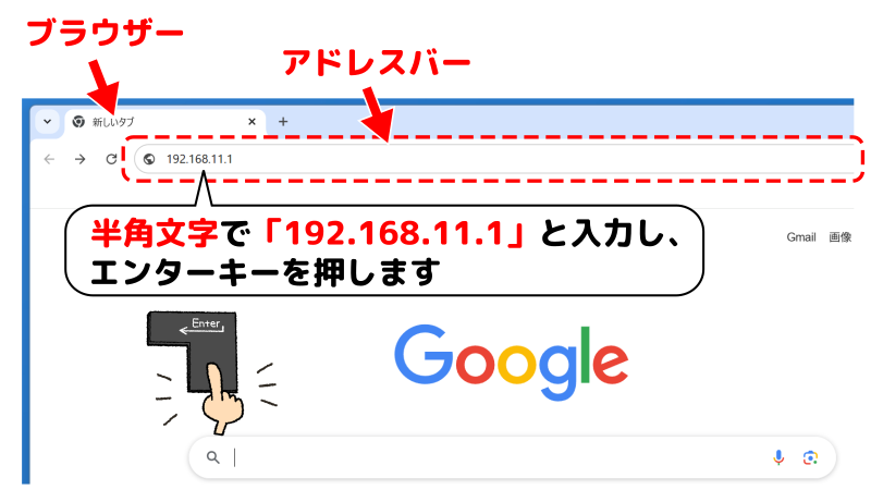 ブラウザーのアドレスバーにIPアドレスを入力してログイン画面を開くことを表したイラスト