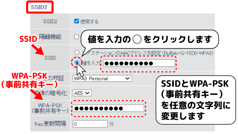 SSID2の変更時は、「値を入力」を選んでから、SSIDと事前共有キーを入力することをを表したイラスト

