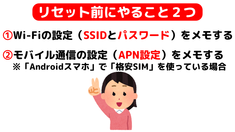 ネットワーク設定のリセットを行う前にやること2つのイラスト