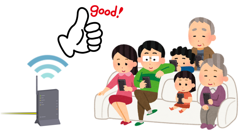 家族がインターネットを同時に使っても快適な様子を表すイラスト