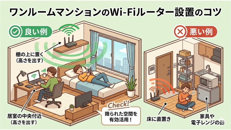 ワンルームマンションでの置き場所を表したイラスト