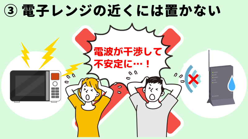 改善ポイントとして、電子レンジのそばには置かないを表したイラスト