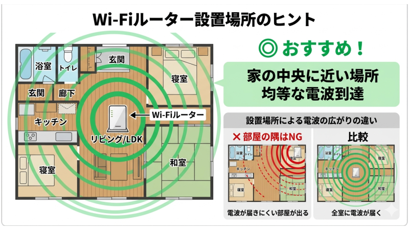 家全体の中央に近い場所に置くことを表したイラスト
