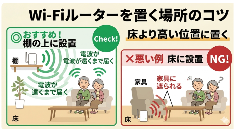 Wi-Fiルーターはなるべく高い位置に置くことを表したイラスト