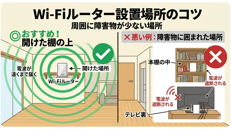 Wi-Fiルーターはなるべく開けた場所に置くことを表したイラスト