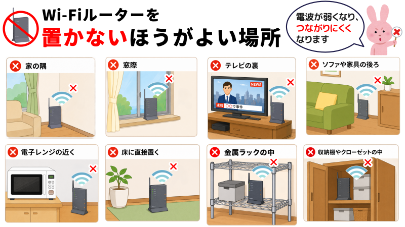 Wi-Fiルーターを置かない方がいい場所の一覧を表したイラスト