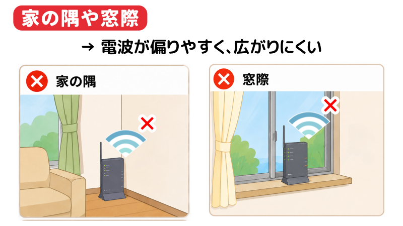 Wi-Fiルーターは家の隅や窓際に置かないことを表したイラスト