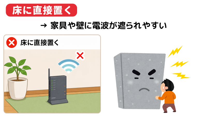 Wi-Fiルーターは床に直接置かないことを表したイラスト